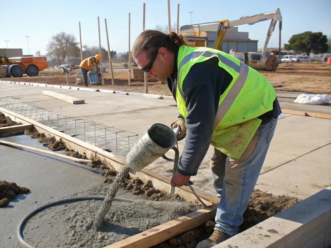 A high-angle shot of a concrete foundation being poured for a new building, showcasing the precision and expertise of Above Ground Contracting Corp.'s concrete services.