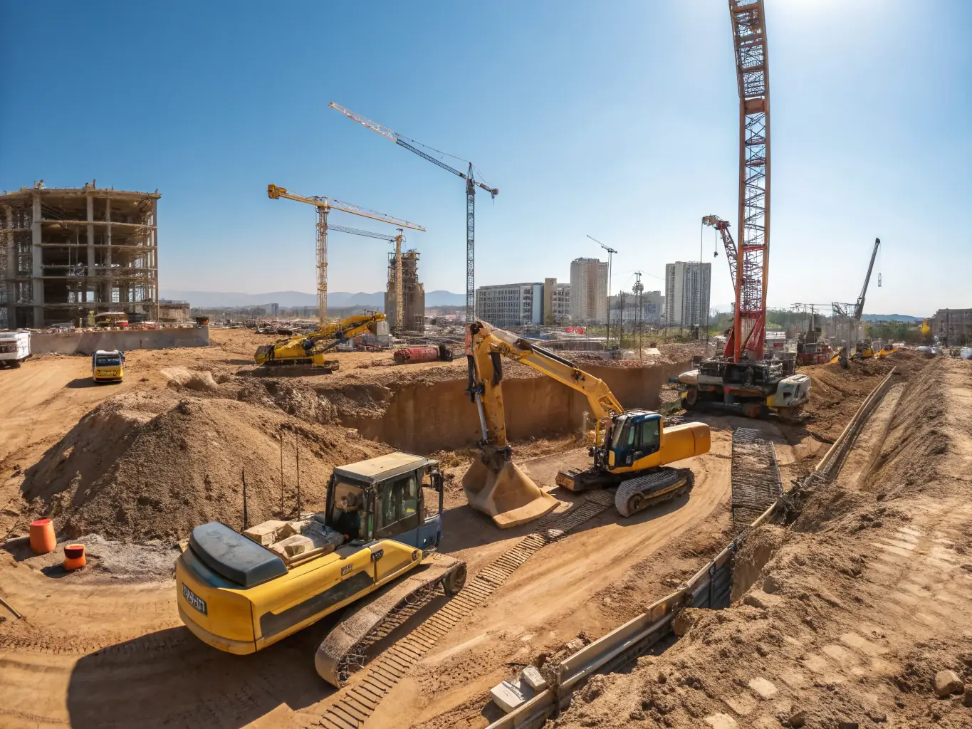 An aerial view of a construction site where excavation is taking place, showing the heavy machinery and skilled operators at work preparing the land for a new housing development.