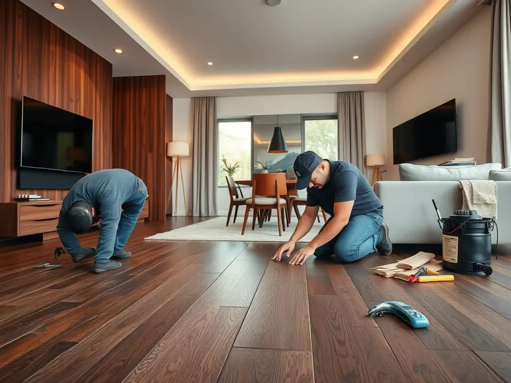 A close-up shot of hardwood flooring being installed in a residential home, highlighting the quality of materials and craftsmanship used by Above Ground Contracting Corp.